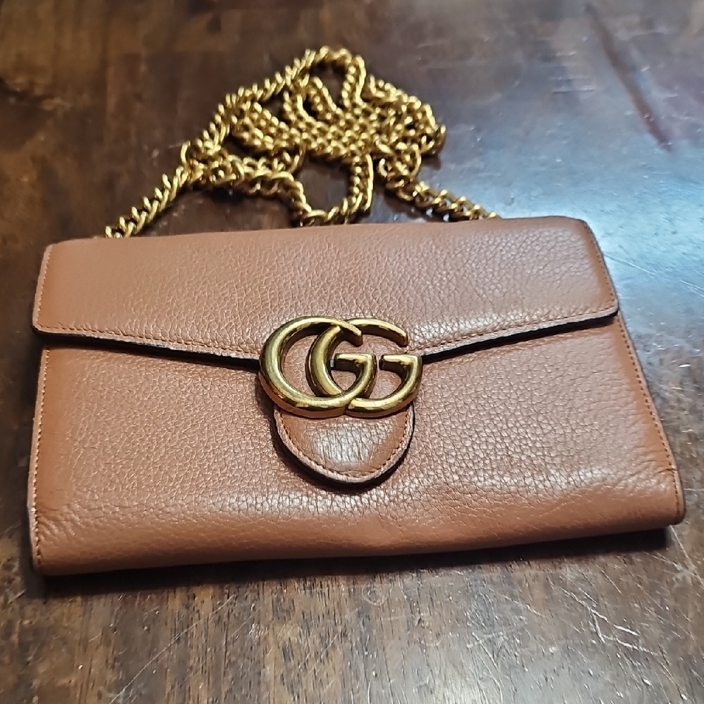 Gucci Brown Leather Clutch with Gold Chain